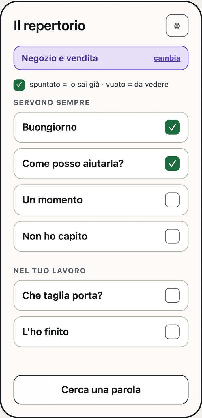 Prima versione del repertorio, con le caselle spuntabili